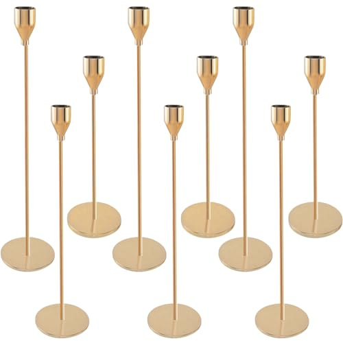 Dazhtu 9 SetKerzenständer,Gold Metall Kerzenhalter, Vintage Kerzen Ständer für Kerzenständer Dekorationen für Valentinstag Weihnachten Hochzeit Esszimmer,Premium Stabkerze Hoch Kerze Stand 33/28/24cm