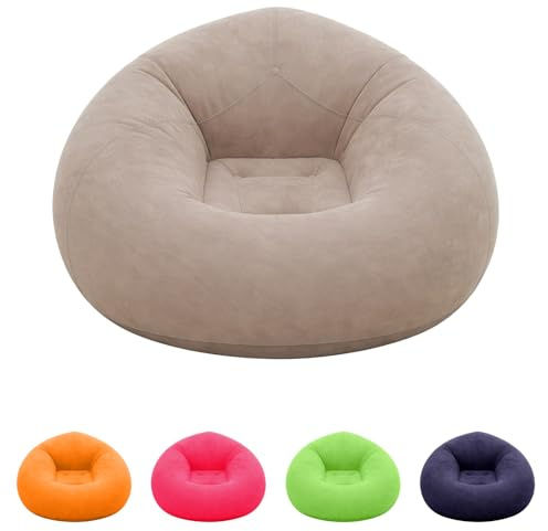 Chingcoo Aufblasbarer Sessel,Lazy Air Sofa mit Flockoberfläche, Bean Bag, Rundes Luftsofa inkl. Fußpumpe, Superweich & Waschbar, Einzelsessel für Wohnzimmer, Schlafzimmer & Camping (Khaki)