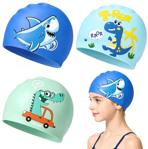 3 Pezzi Silicone Cuffia Piscina Bambino Forma di Dinosauro, Cappello da Nuoto per bambini, Taglia Versatile per ragazzi e ragazze 1-7 Anni