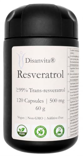 Disanvita Trans-resveratrol 500 mg hög dos | 120 veganska kapslar | ≥99% renhet | Premiumkvalitet testad flera gånger i Tyskland