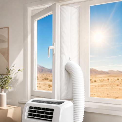 PREDCFVY Universal 400cm AC Window Seal Kit for Portable Air Conditioner and Tumble Dryer, Waterproof Hot Air Stop Air Exchange Guards with Zip and Adhesive Fastener (500CM)