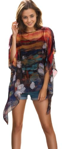 Prettystern Seide Damen Sommer-Poncho Chiffon-Überwurf Tunika Strand Bikini Überwurf leicht Seidentunika Kimono-Bluse Claude Monet Seerosen P02
