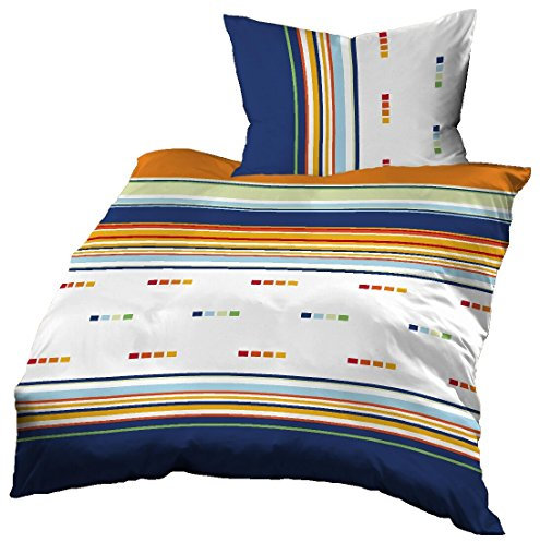 Gerald Wittmann Bettwäsche 140x200 cm + 70x90 cm, Baumwolle Satin, Kariert Blau Weiß Orange