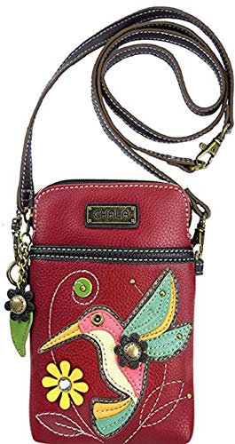 CHALA Handy-Umhängetasche für Damen, PU-Leder, Leinen, mehrfarbig, Handtasche mit verstellbarem Riemen, Kolibri - Burgunderrot, Einheitsgröße