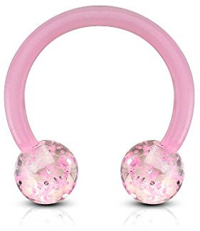 viva-adorno® 1,2mm Hufeisen Piercing Lippenpiercing Augenbrauenpiercing Glitter Glitzer Kugeln flexibel Acryl Kunststoff Z528, pink