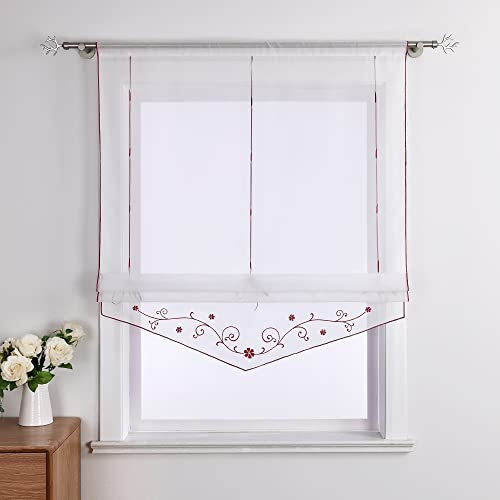 Yujiao Mao Voile Stickerei Bändchenrollo mit Tunnelzug Raffrollos 1er-Pack, Rot,B/H 100/140cm