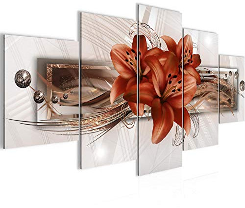 Runa Art Bild Wohnzimmer Schlafzimmer Blumen Lilien 5 Teilig Abstrakt Beige Braun Wandbilder auf Vlies Leinwand 008753b