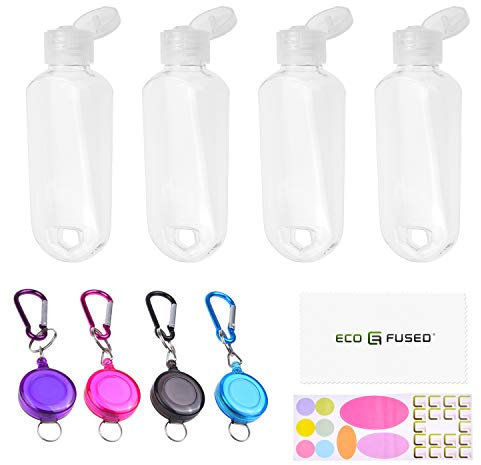 Eco-Fused 4x Portable Travel Bottles - Up to 50 ML - For Liquid Soaps, Shampoo, Lotion, Sanitizers, Rubbing Alcohol - Also Includes 4x Carabiner/Retractable Badge Holder Reels, 1x Sticker Label Sheet
