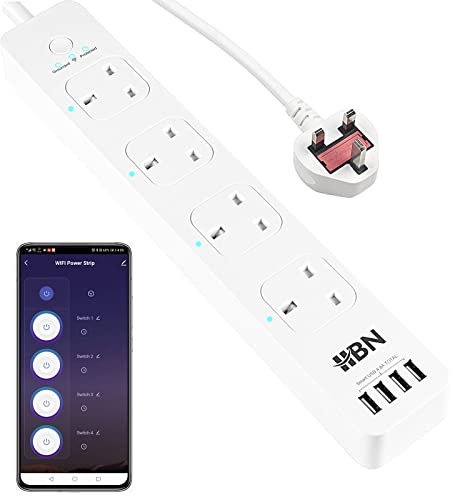 HBN Intelligente WLAN-Steckdosenleiste mit 4 Ausgängen, 4 USB-Ports, Sprachsteuerung, funktioniert mit Alexa und Google Home, mit 1,6 m Verlängerungskabel (13 A, 3250 W)