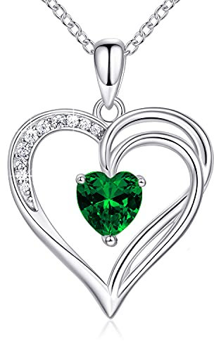 AM ANNIS MUNN 925 Sterling Silber Kette Herz Halskette Damen Geburtsstein Halskette für Frauen Doppelherz Kette Silber Schmuck Damen Geschenke für Frauen Mama Freundin (05-Smaragd)