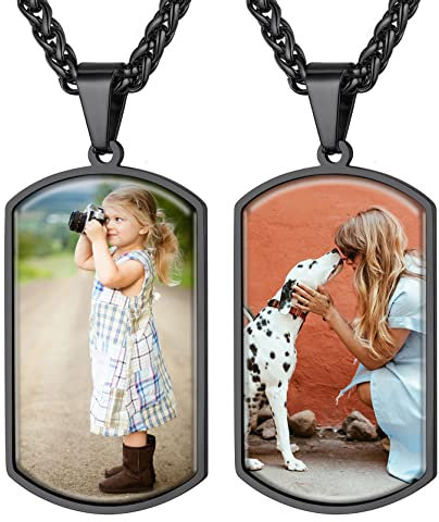 GoldChic Collier Porte Double Photo Gravé Femme Argent 925 Pendentif Plaque Militaire Personnalisé Prénom Chaine Spiga Acier Inoxydable Médaillon Noir Bijoux Cadeau Noël Valentin Fête Mères Pères