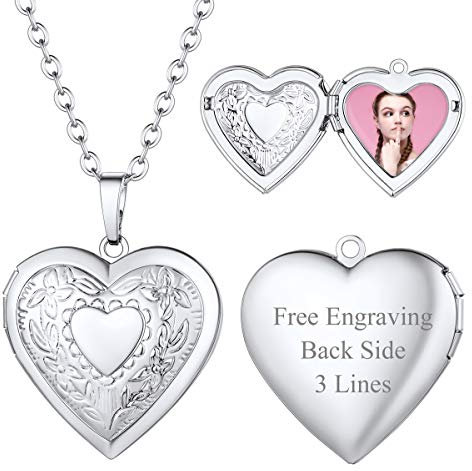 FOCALOOK Damen Fotoanhänger Kette personalisiert Foto Bilder Medaillon zum Öffnen platiniert Namen Gravur Herz Kette Modeschmuck Accessoire für Mädchen für Geburtstag Valentinstag