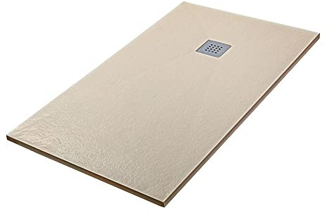 Piatto doccia marmoresina con effetto pietra serie Karen, in diverse dimensioni e colori, spessore ultraslim 3 cm, riducibile su misura, COMPLETO di kit scarico (80x140, Beige)