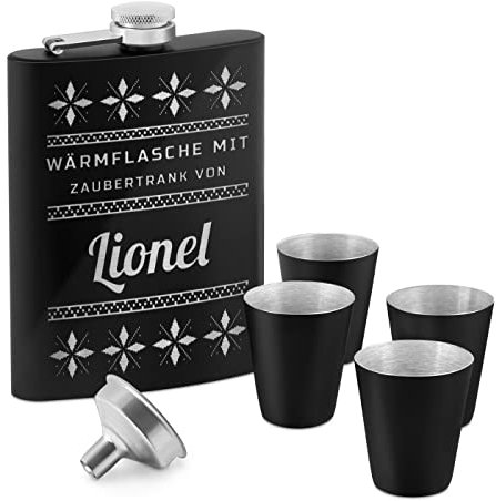 Maverton Flachmann Set 200 ml mit Gravur - Taschenflasche + 4 Schnapsgläsern 20 ml mit Trichter - Brustflasche für Männer - Farbe: mattschwarz - Wärmeflasche