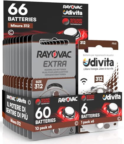 66 Piles pour appareils acoustiques Rayovac Extra Advanced 312 66 Piles : 60 Rayovac + 6 Udivita