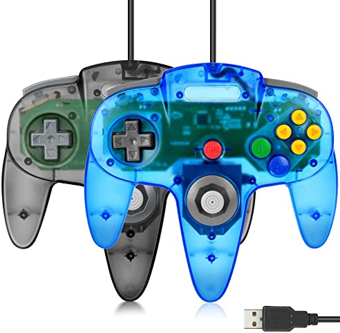 FISUPER – Lot de 2 manettes de jeu vidéo USB N64, manettes de jeu vidéo filaires USB pour Windows, PC, Mac, Raspberry PI Retropie (noir transparent + bleu clair)