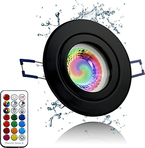 LEDFULL® Premium LED Bad Deckenstrahler Schwarz IP44 RGB Farbwechsel + Warmweiß 230V Dimmbar GU10 Spot 5W Hell & Sparsam Einbaustrahler für Aussenbereich