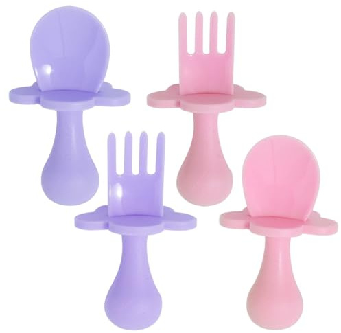 Grabease Ensemble de 4 ustensiles auto-nourrissants pour bébé et tout-petit, lot de 4 pièces : cuillères à fards et lavande et fourchettes pour bébé, plastique non toxique, avec barrières de