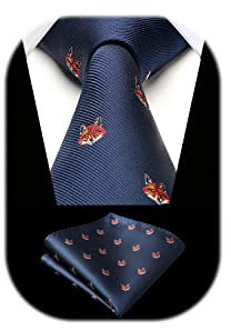 HISDERN Corbatas Azul Marino Hombre y Pañuelo Corbata con Motivo Zorro Modernas Conjunto Corbatas Elegante Boda