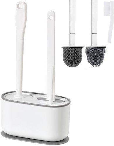 Bazasa 3-in-1 Toilet Brush Silicone Toilet Brush - White Toilet Brush Set with Toilet Brush Holder Standing or Wall Mounting No Drilling Toilet Brush for Bathroom Caravan Motorhome Accessories