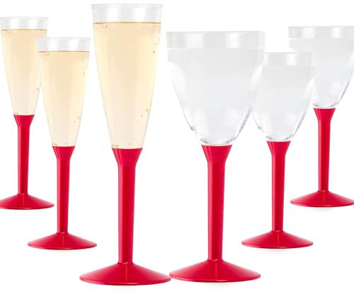 Flutes Champagne Plastique (20) + Verres Plastique Reutilisable (20) - Gobelet, Verre a Pied Coloré - Design Idéal pour Anniversaire, Mariage, Noël - 100% Recyclable et Réutilisable (Rouge)