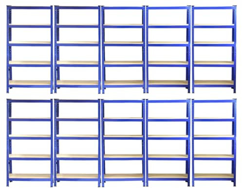 Scaffalature per garage x 10 scaffalature resistenti a 5 ripiani per metallo e acciaio, sistema di montaggio senza bulloni, 150 cm x 75 cm x 30 cm, 175 kg per ripiano, blu + martello in omaggio