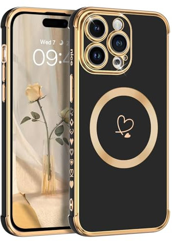 DOMAVER Case for iPhone 15 Pro [Compatible with mag-safe] Luxury Gold Heart Design Slim Shockproof Soft TPU Cover for Girls Women Men, Magnetic Phone Case for iPhone 15 Pro 6.1inch, Black