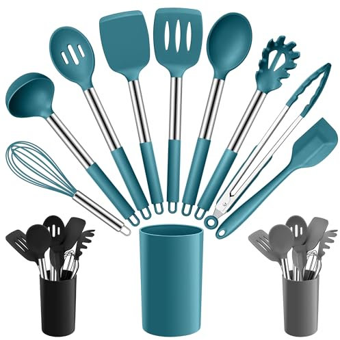 Joyfair Kitchen Utensils Set, 10 Pcs Silicone Cooking Utensils Set with Stainless Steel Handle, Heat Resistant Cooking Tools Spatula Turner Spoon with Holder, Dishwasher Safe & Non Scratch, Blue