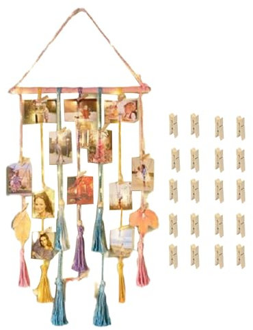 Fulenyi Beleuchtete Fotoanzeige | Exquisite Makramee-Wandteppich-Fotoregale - Schwebendes böhmisches aus Makramee-Wandregal mit 20 Clips für Küche, Wohnzimmer, Badezimmer