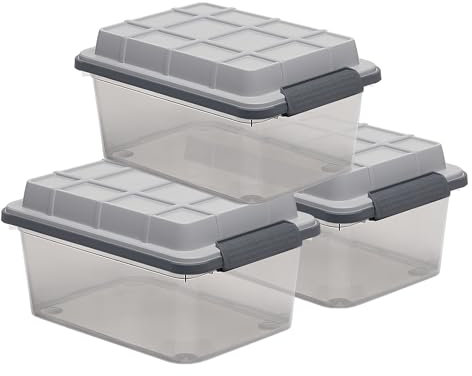 Curver Set mit 3 kleinen Riegeln PRO 17QT strapazierfähiger, wasserabweisender Kunststoff-Organisations- und Aufbewahrungsboxen mit extra Kapazität, Verriegelungsdeckel, transparent grau