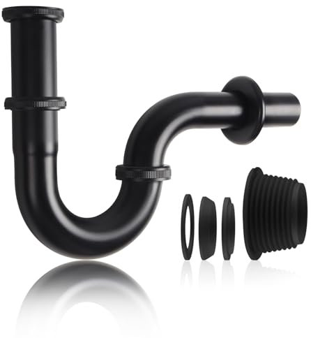 Sifone Lavabo Bagno - Lavello universale a Scarico Lavandino Bagno da 1 1/4 x 32 mm, Tubo di scarico in acciaio inox per Sifone Lavandino Bagno e Cucina (Nero - Lunghezza Standard)