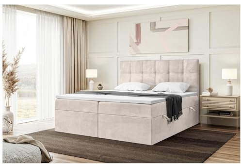 MEBLINI Boxspringbett mit Bettkasten - 160x200 - Gepolstert Doppelbett mit Matratze und Topper - Polsterbett mit Stauraum - Bett mit Kopfteil - Kai - H3/Beige Samt