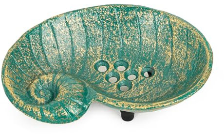 Sungmor Heavy Duty Cast Iron Soap Holder, Vintage Bar Tray for Kitchen Bathroom Sink, Lovely Seashell Shape & Antique Green Sponge Dish Soap Tray, Decorative Jewelry Holder Tabletop Container