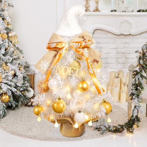 60CM White Small Christmas Tree Lighted,Mini Tabletop Artificial Xmas Tree Battery Operated with Ball String Lights and Ornaments for DIY Christmas Desktop