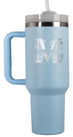 Großer Trinkbecher mit Strohhalm Personalisiert | 1200ml Thermobecher mit Deckel und Strohhalm | Trinkflasche mit Gravur | Spülmaschinenfest | Geschenkidee Ostergeschenke für Frauen | Blau Monogramm