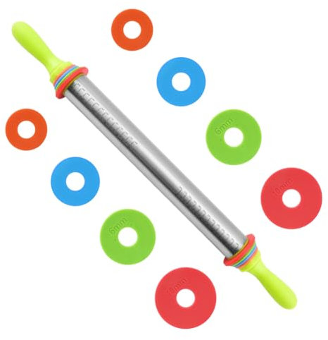 FOGARI Nudelholz Einstellbares Edelstahl Teigroller, Antihaft Metall Nudelhölzer - Fondant Teigrolle mit abnehmbare Ringen in 4 Größen, Anti-Haft BPA-frei Backzubehör, 35cm