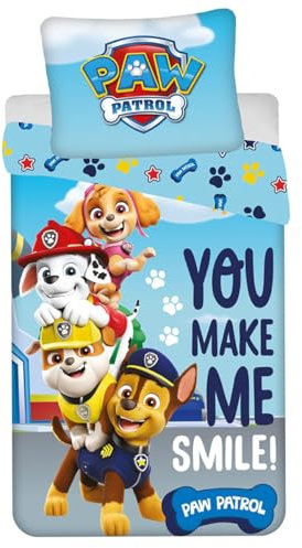Jerry Fabrics Paw Patrol Kinderbettwäsche mit Leuchtmotiv, You Make Me Smile, Skye, Marshall, Everest, Chase, Rubble, Bettdecke 140x200 + Kopfkissen 70x90 cm, 100% Baumwolle