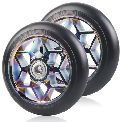 2 Stück Stunt Scooter Rollen 110 mm, Bunt Scooter Scooter Ersatzräder, 88A Rollerräder für Stunt mit ABEC-9 Lager Aluminium Speichenkern, Ersatzräder Scooter Räder Kompatibel für allerlei Scooter