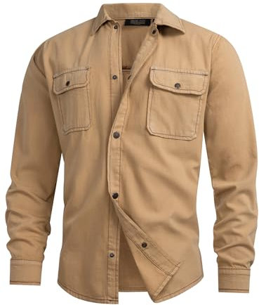 Indicode Herren INCooplon Jeans-Hemd mit 2 Brust-Taschen aus 100% Baumwolle | Herrenhemd für Männer Beige, L