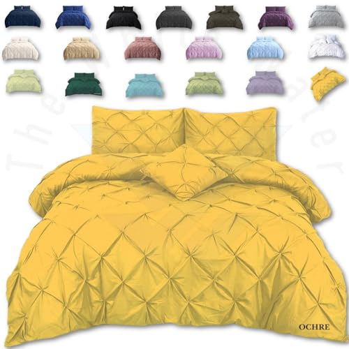 TheWhiteWater Duvet Set - 2/3 in 1 Double Ochre Bedding Set - Duvet Cover + Matching Pillowcases - Cotton + Polyester - Polycotton Pintuck Cover (Ochre, 2 in 1 Duvet Set - Double)