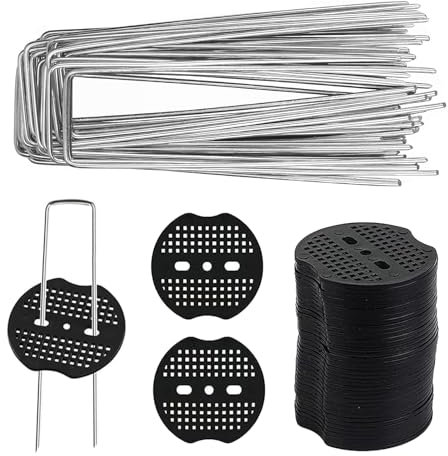 Piquets Fixation en Acier Galvanisé, 50 Piquets de Jardin + 50 Plaques de Fixation en Plastique Agrafes, pour Toile de Paillage Piquets de Jardin avec Rondelles pour Paillis et Gazon Artificiel