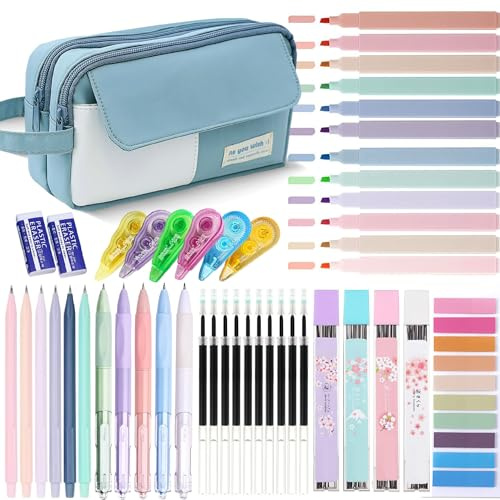 42 teiliges Federmäppchen mit großem Fassungsvermögen und ästhetischem Schulmaterial, 12 Textmarkern in Pastell, 5 Gelschreibern mit schwarzer Tinte, 6 Druckbleistiften, Schreibwarenset (Blau)
