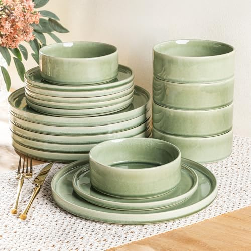 GBHOME Dinner Set for 6, Handmade 18 Piece Stoneware Plates and Bowls Set, Reactive Glaze Chip and Scratch Resistant Dinnerware Set, Dishwasher & Microwave Safe