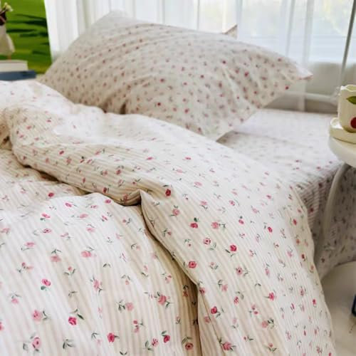 AShanlan Bettwäsche 135x200 Rosa Blumenmuster Bettwäsche-Sets mit Reißverschluss 2teilig Vintage Kleine Blumen und Gestreift Muster Bettbezug 135 x 200 cm und Kissenbezug 80x80 cm