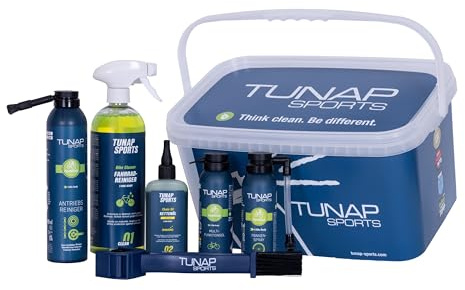 TUNAP SPORTS E-Bike Pflege- & Reinigungs-Set, All-in-One Wartungsset | Inkl. Kettenöl, Antirebs- & Fahrradreiniger, Pannenspray, Multiöl, Bürste & Wascheimer