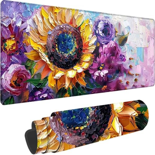 Gaming Mauspad Lila Mauspad XXL 1200 x 600 x 3 mm Mousepad Groß Sonnenblume, Schreibtischunterlage Design Vernähte Kanten, Wetterfest Anti Rutsch Mousepad Gaming Zubehör für Büro Deko, Geschenk K-8
