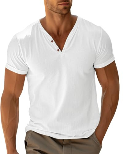 T-Shirt Sport Homme Coton Confortable à Manches Courtes T Shirt Running Col V Couleur Unie Été Classique Henley Shirts Basiques Boutonnée Travail Tee Fête
