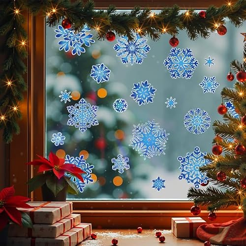 Fenstersticker Blau Schneeflocken, Fensterbilder Weihnachten Selbstklebend, Abnehmbare Fensterdeko Statisch Haftende Aufkleber für Fenster Vitrine Türen Schaufenster Winter Weihnachtsdeko