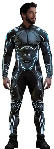 Koongso Adults Robot Superhero Costume Outfits, Unisex Men’s 3D Armor Robot Print Halloween Cosplay Jumpsuit, Futuristic Cyborg Costume Bodysuit
