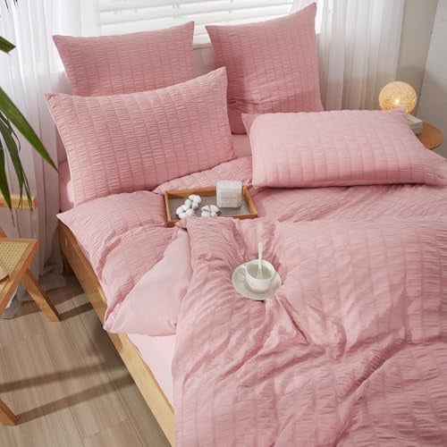 YASMENG Seersucker Bettwäsche 135x200 4teilig Rosa Gestreift Sommer | Bettwäsche Seersucker Modern Weich Atmungsaktiv Mikrofaser Bettbezug Set mit Reißverschluss und 2 Kissenbezüge 80x80 cm